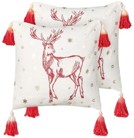 Conjunto 2 almofadas com padrão natalício em algodão vermelho e branco 45 x 45 cm VALLOTA Beliani