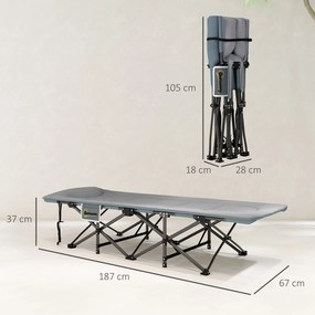 Cama Dobrável de Campismo Praia com Apoio de Cabeça e Bolso Lateral Suporta até 150 kg 187x67x37 cm  Cinzento