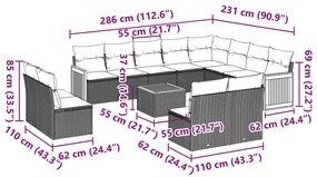 13 pcs conjunto de sofás p/ jardim com almofadões vime PE bege