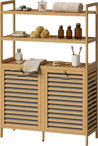 Móvel de casa de banho 80 L x 30 P x 118 A cm com cesto de roupa suja em bambu, com 2 cestos amovíveis e prateleiras de 3 níveis, em cor carvalho