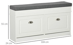 HOMCOM Banco Sapateiro com Armazenamento para 8 Pares de Sapatos com 2 Gavetas Prateleiras Ajustáveis e Almofada Acolchoada para Entrada Corredor 104x24x55cm Branco