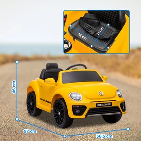Carro Elétrico para Crianças Carro Elétrico Infantil Volkswagen Beetle com Bateria 12V Faróis Buzina e Música 97x56,5x46 cm Amarelo