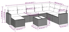 9 pcs conjunto sofás p/ jardim c/ almofadões vime PE castanho