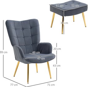 Poltrona com apoio para os pés, poltrona de sala estofada com encosto alto, pés em aço dourado e tecido de veludo, cinzento escuro