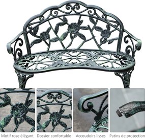 Banco de jardim de 2 lugares 100 x 54  x 78  cm , estilo néo-retro, com padrão de rosas e linhas cónicas, em fundição de alumínio, verde envelhecido