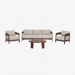 Conjunto De Sala Com Sofá De 3 Lugares, 2 Poltronas E Mesa De Centro Em Madeira De Acácia Uleno Castanho-acácia Escuro - Sklum