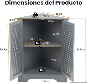 Armário de canto com 3 níveis e 2 portas de persiana, 63 cm x 32 cm x 81,5 cm prateleiras com altura ajustável para casa de banho, cozinha ou sala, 63