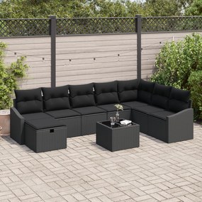 Conjunto de Sofás de Jardim de 9 peças com Almofadas Preto Rattan Poli
