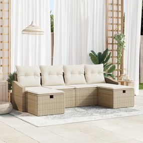 Conjunto de Sofá de Jardim de 6 peças com Almofadas em Bege Vime Sinté
