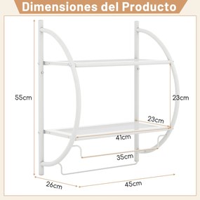 Toalheiro de parede 45 x 26 x 55 cm (C x L x A) com barra e 2 prateleiras para Casa de Banho Branco