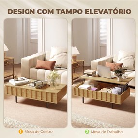 Mesa de Centro Elevatória com 2 Compartimentos Ocultos e Pés Metálicos 110x55x36,5 cm cor Carvalho