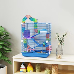 Gaiola para hamster de 4 andares com túneis, comedouro, roda, casinha e escadas – 46 x 30 x 58 cm – azul