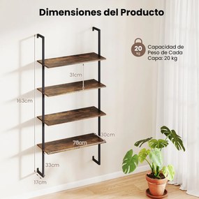 Estante flutuante de parede 76 x 30 x 163 cm com 4 níveis, estrutura metálica e escada de madeira, estilo industrial moderno, cor café