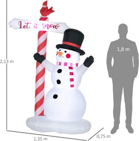 Boneco de neve insuflável altura 213 cm com cartaz de 3 LEDs, em poliéster impermeável, branco