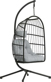 Outsunny Cadeira Suspensa com Suporte Cesto Dobrável de Vime Almofada Grossa e Altura Ajustável 101x105x196 cm Cinza Claro | Aosom Portugal