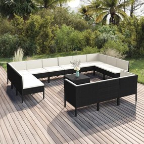 vidaXL 14 pcs conjunto lounge de jardim c/ almofadões vime PE preto