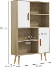 Estante escandinava com 4 compartimentos abertos + 2 armários com prateleira, 80 x 24 x 123 cm, pés cónicos inclinados, cor de carvalho