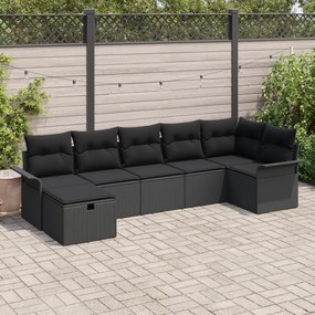 Conjunto de Sofá de Jardim de 7 peças com Almofadas Preto Polirattan