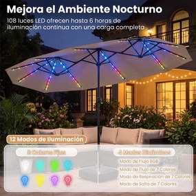 Guarda-sol duplo resistente, 400 x 210 cm (BASE NÃO INLCUIDA), com 108 luzes LED solares, manivela fácil de utilizar e 12 varas de metal, para jardim,
