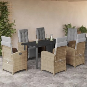 7 pcs conjunto de jantar p/ jardim com almofadões vime PE bege