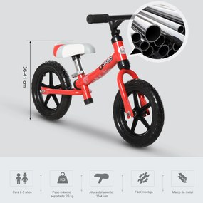 HOMCOM Bicicleta sem pedal para criança acima de 2 anos com selim ajustável em altura Pneus EVA máx. 25 kg Metal 65x33x46 cm Vermelho