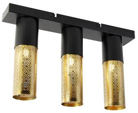 Luminária de teto industrial preto com dourado oblongo 3 luzes - Raspi