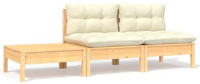 3 pcs conjunto lounge jardim c/ almofadões creme pinho maciço