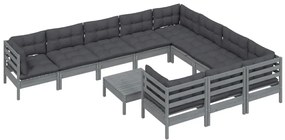 11 pcs conjunto lounge de jardim c/ almofadões pinho cinza
