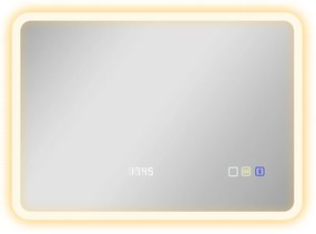 HOMCOM Espelho de Casa de Banho com Luz LED 70x50 cm Bluetooth 3 Cores de Luz Relógio Digital Função Antiembaciamento Função de Memória Prata | Aosom Portugal
