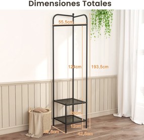 Guarda Roupa de canto 2 em 1  para roupa com gancho superior e 2 prateleiras Economia de espaço 42,5 x 42,5 x 193,5 cm Preto