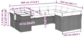 10 pcs conjunto sofás de jardim c/ almofadões vime PE preto
