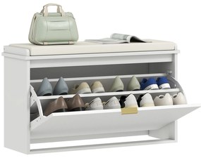 HOMCOM Banco Sapateira Móvel Sapateira Estreito Banco de Entrada com Assento Estofado Caixa Rebatível e Painel de Ripas para Entrada Quarto Sala de Estar 80x26x47,5 cm Branco