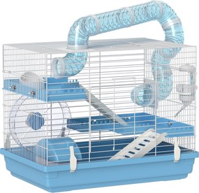 Gaiola portátil para hamster com casinha, roda de exercício, comedouro, garrafa de água, 47,5 x 31,5 x 29,5 cm, azul claro