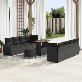 Conjunto de Sofá de Jardim vidaXL 11 Peças com Almofadas Preto Rattan