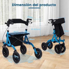 Andarilho dobrável para idosos com assento 24 cm Rodas pneumáticas todo-o-terreno Saco de arrumação Carga 160 kg Azul