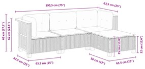 4 pcs conjunto sofás de jardim c/ almofadões vime PE cinzento