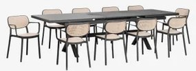 Conjunto De Mesa Retangular Extensível Karena 240-300x100 Cm E 10 Cadeiras De Jardim Empilháveis Com Apoios De Braços Omara Cinza Grafito - Sklum