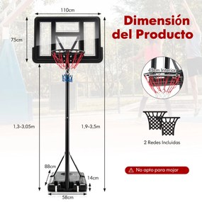 Cesto de basquetebol com altura regulável 1,3-3,05 m com rodas e base recarregável para crianças e adultos Preto