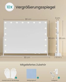 Espelho de maquilhagem 80 x 60 cm com iluminação e 18 lâmpadas LED, branco