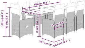 9 pcs conjunto de bistrô p/ jardim c/ almofadões vime PE preto