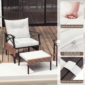 Conjunto de móveis jardim de vime de 5 peças com pufes, almofadas e mesa auxiliar de vidro temperado de 2 níveis para jardim, varanda, Castanho e Bege