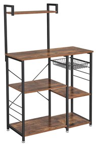 Suporte para micro-ondas VASAGLE com prateleiras, suporte para micro-ondas com cesto de arame, 6 ganchos em S, prateleira de cozinha, armazenamento utilitário para especiarias, potes e panelas, marrom rústico KKS35X