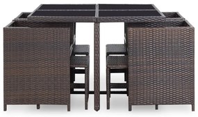 9 pcs conjunto jantar exterior c/ almofadões vime PE castanho