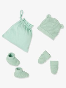 Oferta do IVA - Conjunto gorro, luvas e sapatinhos, bolsa a condizer, para recém-nascido verde claro liso
