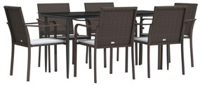 7 pcs conjunto de jantar p/ jardim c/ almofadões vime PE e aço