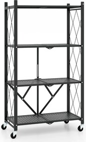 Estante dobrável de 4 níveis com rodas metálica organizadora para cozinha, sala de estar, oficina, garagem Preto