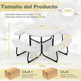 Conjunto de jardim para 8 pessoas com mesa e 4 bancos, orifício para guarda-sol e mesa de campismo redonda para piquenique no jardim Carga 225 kg Bran