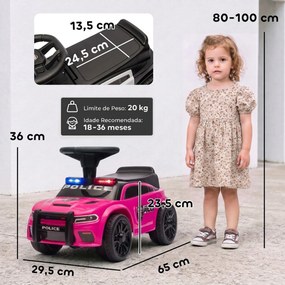 Carro Andador de Polícia para Crianças 18-36 Meses com Luz, Música e Arrumação, 65x29,5x36 cm, Rosa