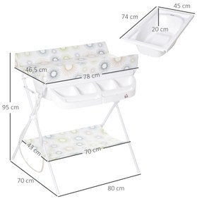 HOMCOM Banheira e Trocador de Fraldas 2 em 1 para Bebés 0-12 Meses Banheira Dobrável com Múltiples Espaços de Armazenamento e Prateleira Inferior Carga máx. 15kg 80x70x95cm Branco
