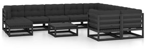 vidaXL 11 pcs conjunto longue jardim c/ almofadões pinho maciço preto